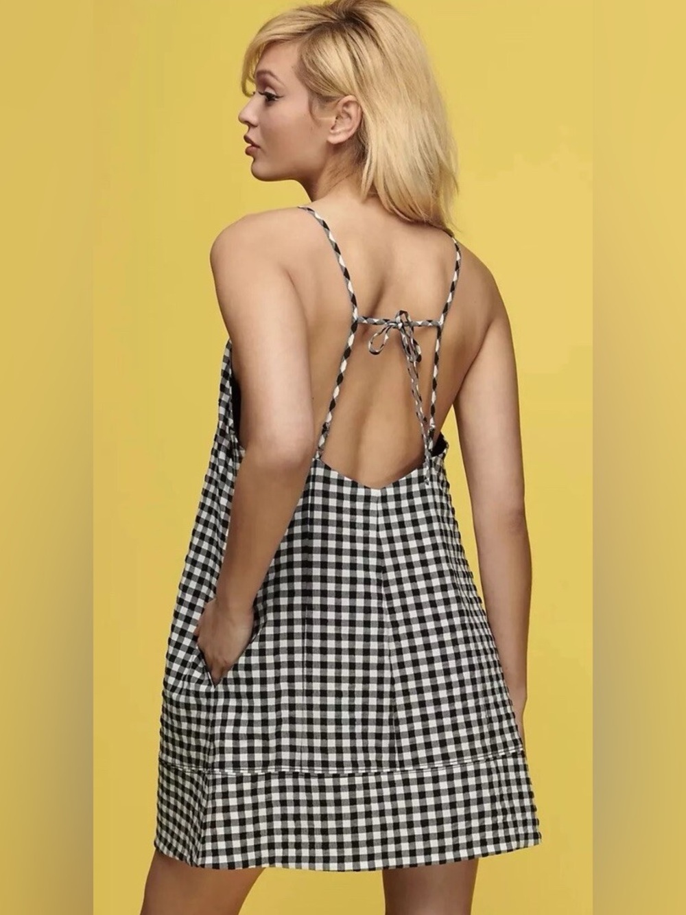 Anthropologie Black White Gingham Apron Style Mini Dress Open Back Size Small - Picture 2 of 6